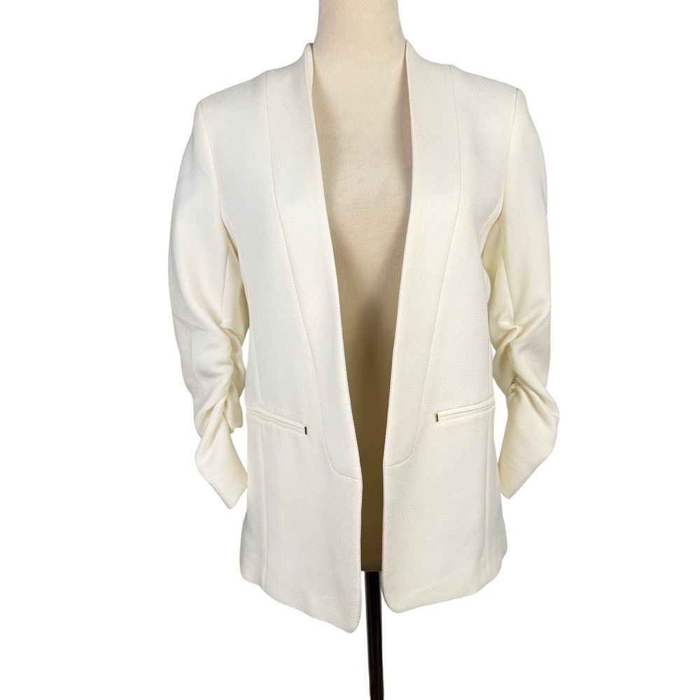 H&M Open Front Blazer Womens 8 Ruched 3/4 Sleeve Textured White Office Career
